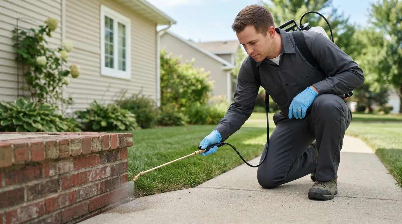 Pest control technician treating a home near Kingston, RI